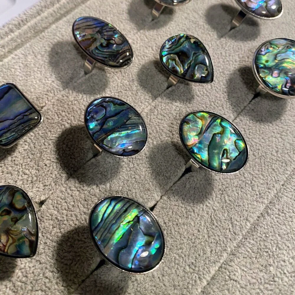 NEW Oversized Abalone Statement Ring Silver Boho Iridescent Shell Jewelry GIFT 8